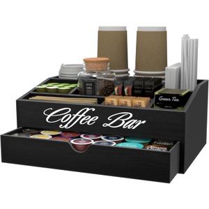 Suli Coffee Bar Station Organizer,Extra Large Wooden Countertop Pods Holder with Drawer,Storage for Condiment Syrup Tea Cups,Rustic Bar Decor for Accessories Organizer (2 Tiers 11 Compartments)-Black