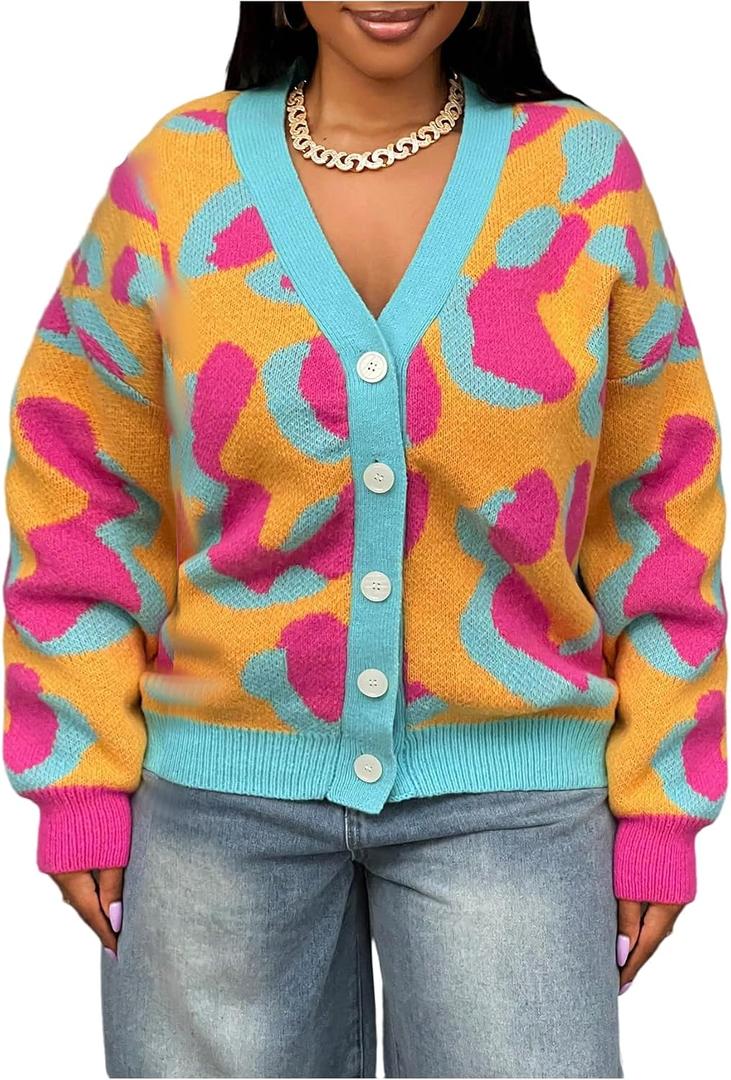 WDIRARA Women's Floral Button Down Cardigan Sweater Oversized V Neck Long Sleeve Knit Outerwear (L)