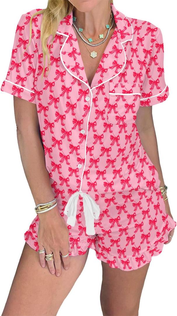 KevaMolly Womens Christmas Lounge Sets Candy Cane Print Pocketed Knotted PJ Set Short Sleeve Xmas Top and Shorts (Medium, Z Pink Red)