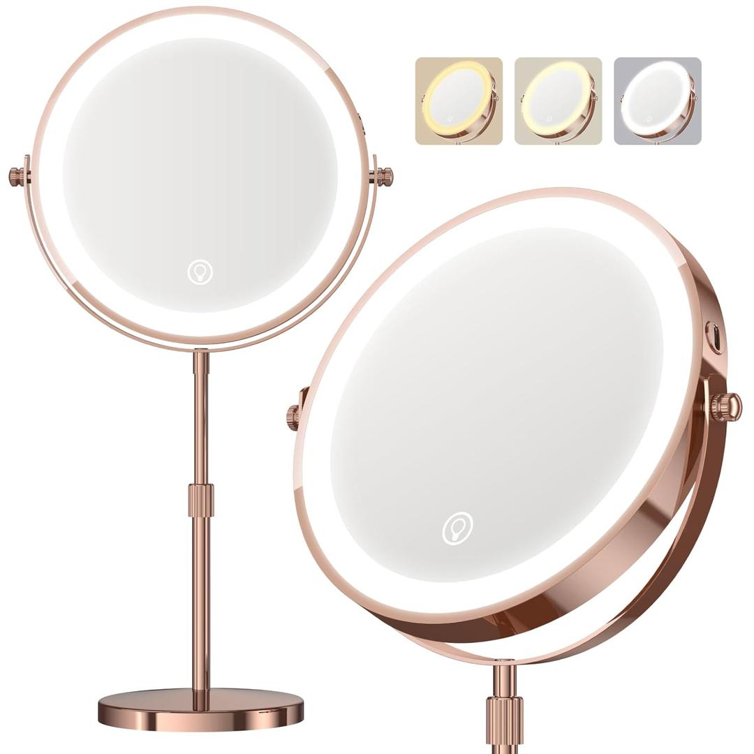 20X Makeup Mirror with Lights, 9" Magnifying Mirror with Light Brightness Adjustable Lighted Makeup Mirror with Magnification, 5000 mAh Rechargeable Double Sided Mirror with 3 Colors, Gift for Women (Rose Gold)