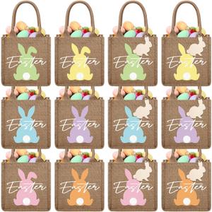Huhumy 12 Pack Easter Burlap Bags with Tags Jute Bunny Baskets Egg Hunts Candy Gift Goodie Treat Tote Bags for Party Favor Bunny Egg Hunt Gift