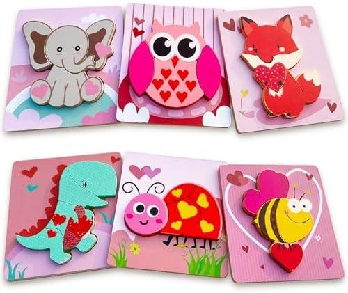 Valentines Day Wooden Puzzles 6 Pack Wooden Puzzles for Toddlers Valentines Day Gift for Toddler Toys for 1 2 3 4 Year Old Boys Girls Gifts My First Birthday Day Toys