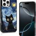 Black Cute Starnight Cat Phone Case, Van Gogh Cute Cat Pattern iPhone 16 Pro Max Case, Non-Slip Design and Shock Absorption, Phone Case for Teen Girls, Boys, Women and Men (16 PM)