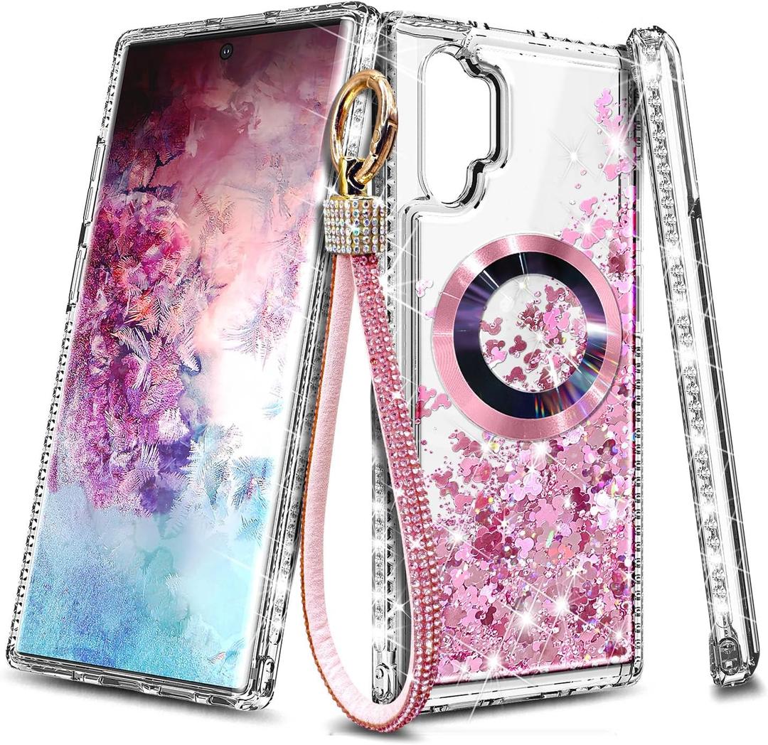 NGB Supremacy Magnetic for Samsung Galaxy Note 10 Case, Rose Gold | Compatible with Magsafe | with Diamond Wrist Strap Lanyard, Glitter Floating Liquid Cute Phone Cover