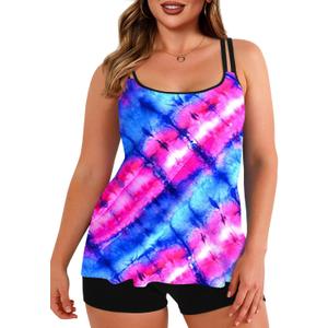 leHaloumoning Plus Size Swimsuit for Women with Swim Shorts Two Piece Bathing Suits Tankini Tie Dye Print Tank Tops Swimwear Dark Purple, M