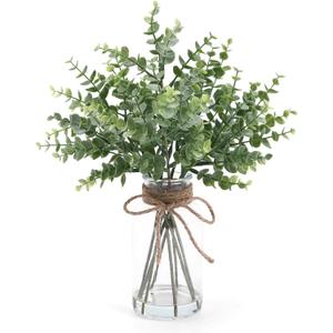 Eucalyptus Stems in Glass Vase with Faux Water, 13.7" Eucalyptus Fake Plants for Home Bathroom Office Kitchen Farmhouse Shelf Centerpiece Coffee Table Decor (Sage Green)