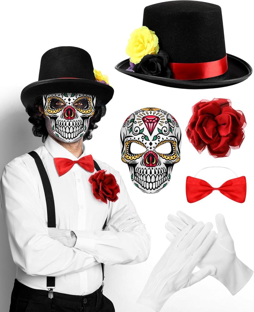 5 Pcs Halloween Day of The Dead Costume Accessories for Men Skeleton Gloves Top Hat Bow Tie Rose Flower Brooch and Bow Tie Skull Full Face Mask for Halloween Dia De Los Muertos Cosplay Party