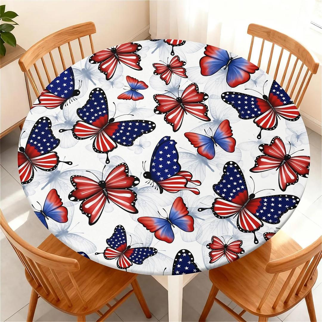 Yesad Elastic Tablecloth for Round Tables, Waterproof Tablecover for Up to 45"-48" Round Table, Dining Tablecover for Indoor and Outdoor, Holiday, Flag Butterfly