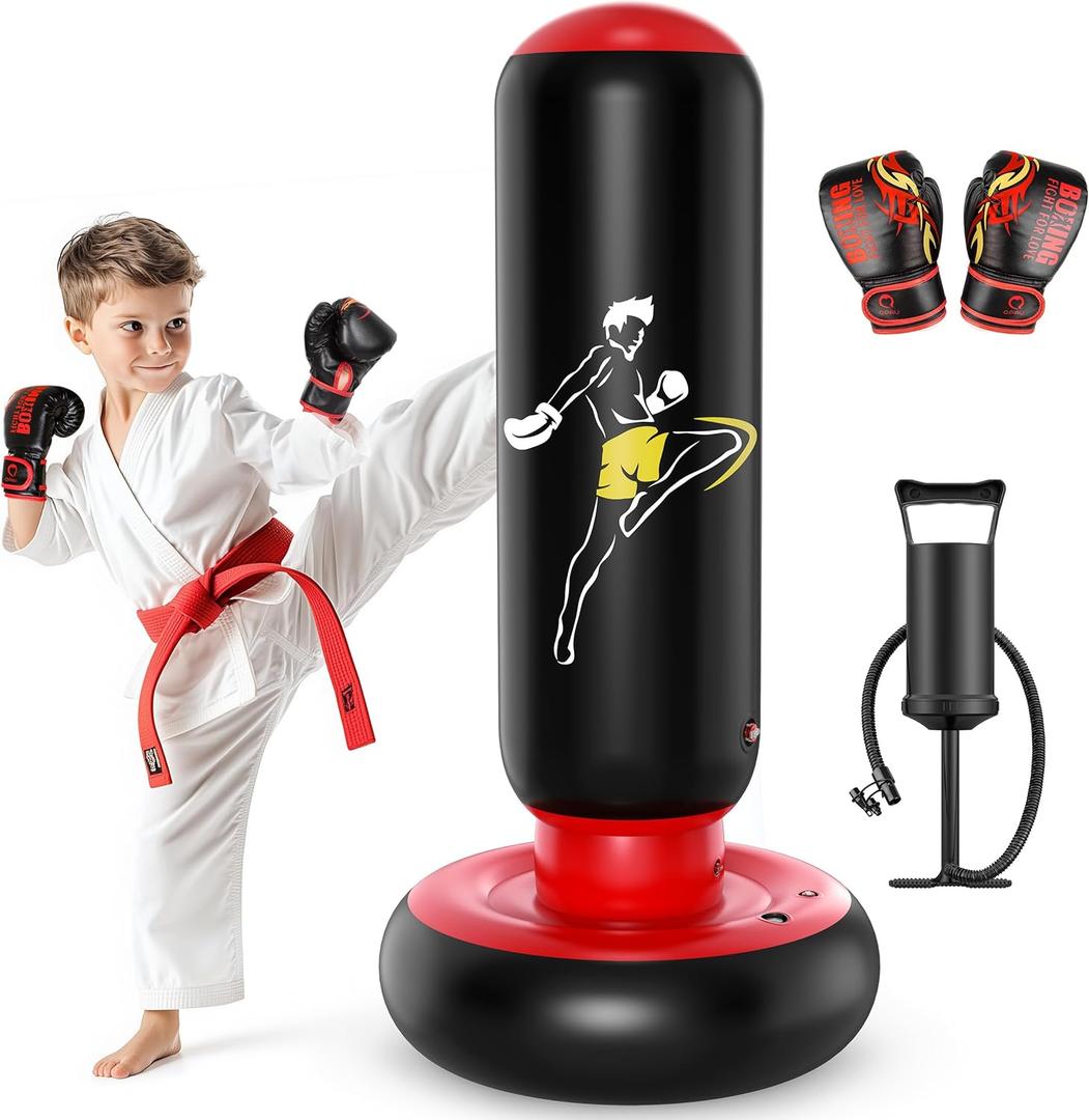 QPAU Kids Punching Bag Toy with Boxing Gloves, 66 Inch Larger Stable Kids Inflatable Boxing Bag Set, Gifts for Boys & Girls Age 6-12, for Practicing Karate, Taekwondo, MMA (Black&Red)