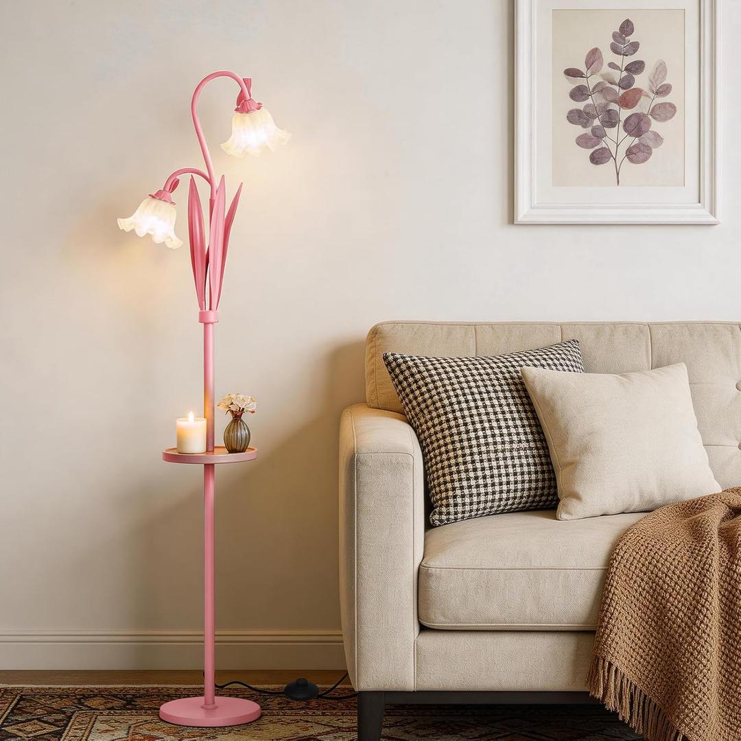 Pink Flower Floor Lamp with Table, Adjustable Floral Standing Lamp for Girl
