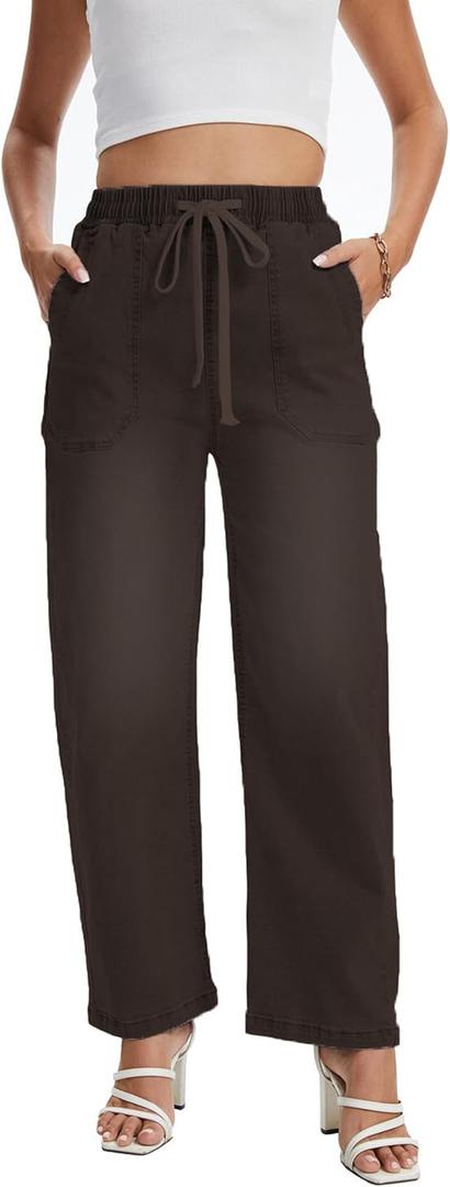 YOCUR Women's Wide Leg Drawstring High Waisted Jeans Elastic Waist Stretchy Straight Leg Baggy Denim Pants with Pockets (Large, Dark Brown)