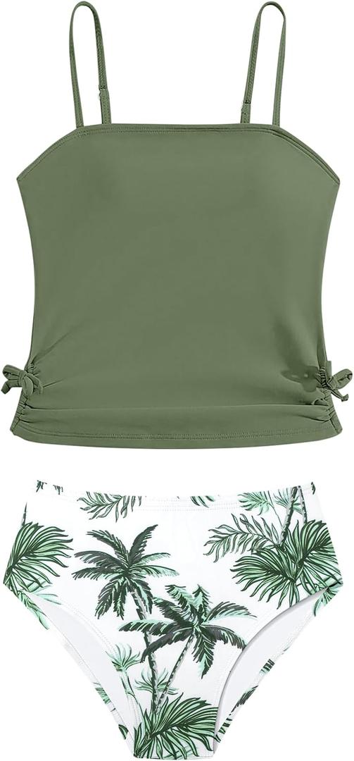 Girls Tankini Swimsuits Two Piece Bathing Suit Drawstring Swimwear Set for Girls 7-14 Years (Green-palmet)