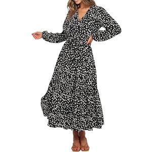 R.Vivimos Women's Fall Long Sleeve Casual Dresses Wrap V Neck Polka Dots Tiered Ruffle Flowy Midi Dress with Belt, Medium