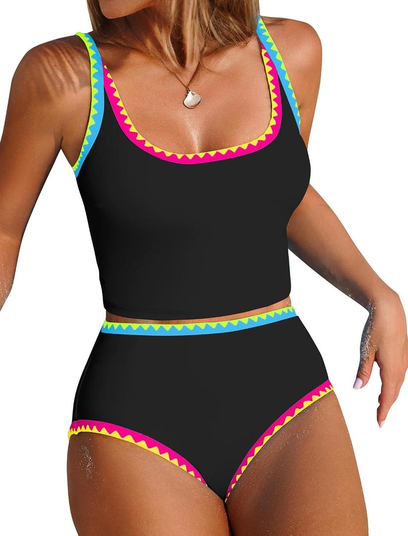 ZAFUL Tankini Swimsuit Tummy Control Bathing Suits Two Piece Swim Top with High Waisted Bottom (Black, M)