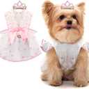Dog Dresses for Small Dogs Girl, Puppy Dress Heart Print Cat Dress Summer Clothes Bow Skirt with Crown Hair Clip, Small Dog Dresses Female Cat Apparel Holiday Pet Outfit for Birthday Wedding