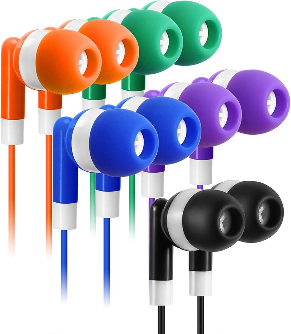 Keewonda 30 Pack Multi Color Earbuds for Kids, InEar, Wired, 5 Colors (Black, Blue, Orange, Green, Purple), Compatible with iPads/Mac/PC/Chromebook/Fitness & Audio Equipments