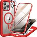 Miracase Magnetic for iPhone 15 Pro Case Full-Body Bumper Phone case with Built-in Glass Screen Protector& Camera Protector, Military Drop Proof 15 Pro Cover, Magnetic Red