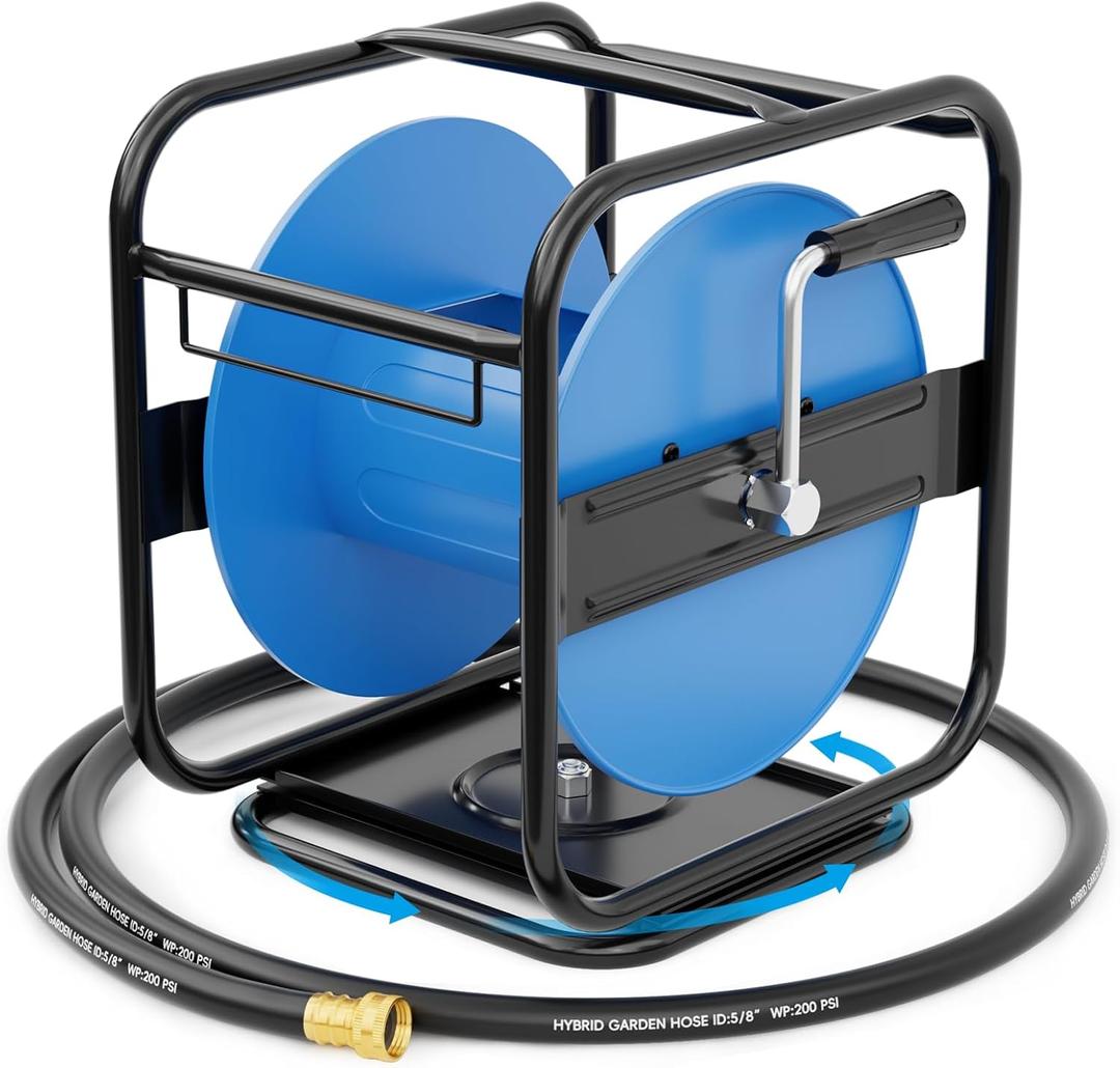 SPECILITE Heavy Duty Metal Garden Hose Reel, 360 Rotation Frame, 75-100 Ft of Hose Storage Capacity, Stable and Portable Wall/Floor Mount Water Pipe Spool, Blue