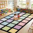 7.6x12 ft Large Pastel Color Squares Classroom Rug Colorful Educational Area Mat Happy Squares Rainbow Color Themed Play Carpet Back to School Learning Mat for Preschool Nursery Kindergarten(Pastel)