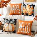 Artscope Fall Decorative Throw Pillow Covers 16x16 Inch Set of 4, Hello Happy Autumn Pumpkin Maple Leaves Harvest Outdoor Farmhouse Pillow Cases for Home Sofa Couch-Orange E