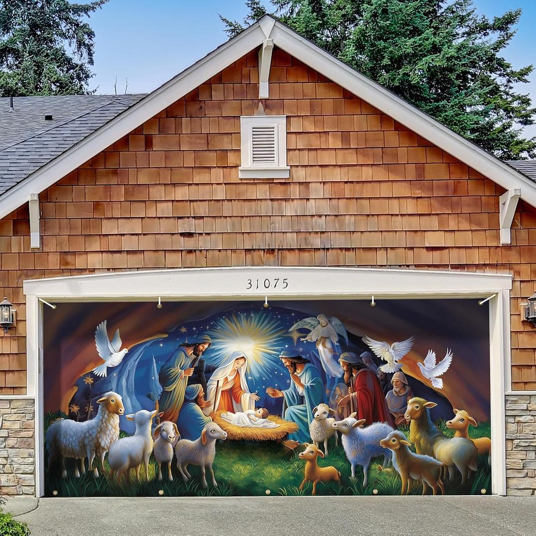 Wesiti Christmas Nativity Scene Garage Door Decorations Merry Christmas Cover Banner Garage Door Murals 7 x 16 ft Large Xmas Carport Backdrop Decoration for Xmas Eve Holiday Party Wall Decor