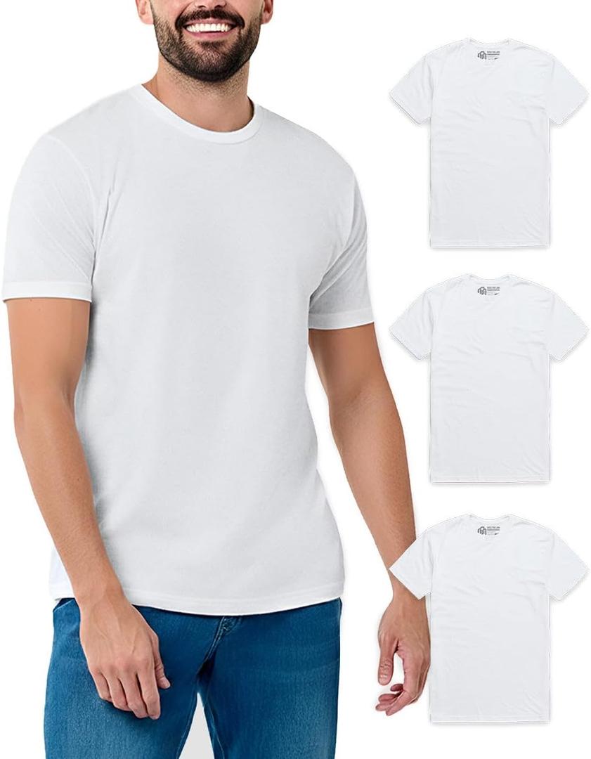 INTO THE AM Men's Plain Tees 3 Pack Multipack - Fitted Crewneck Gym Casual Workout Tshirts Shirts for Men (White/White/White, Large)