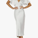 Satin V Neck Puffy Sleeves Silk Midi Dresses Empire Waist Elegant Tie Back Formal Cocktail Dress for Women Wedding Guest, Medium