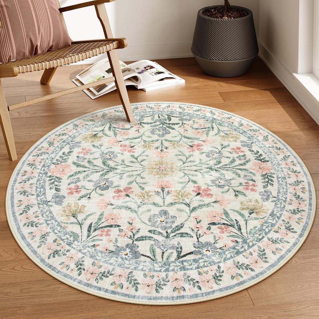 Lahome Sylvie Round Boho Floral Rugs 4ft, Cream Washable Circle Rugs for Bedroom Nursery, Vintage Beige Circular Carpet, Soft Non-Slip Carpet for Kids Room Playroom Calm Corner, Beige