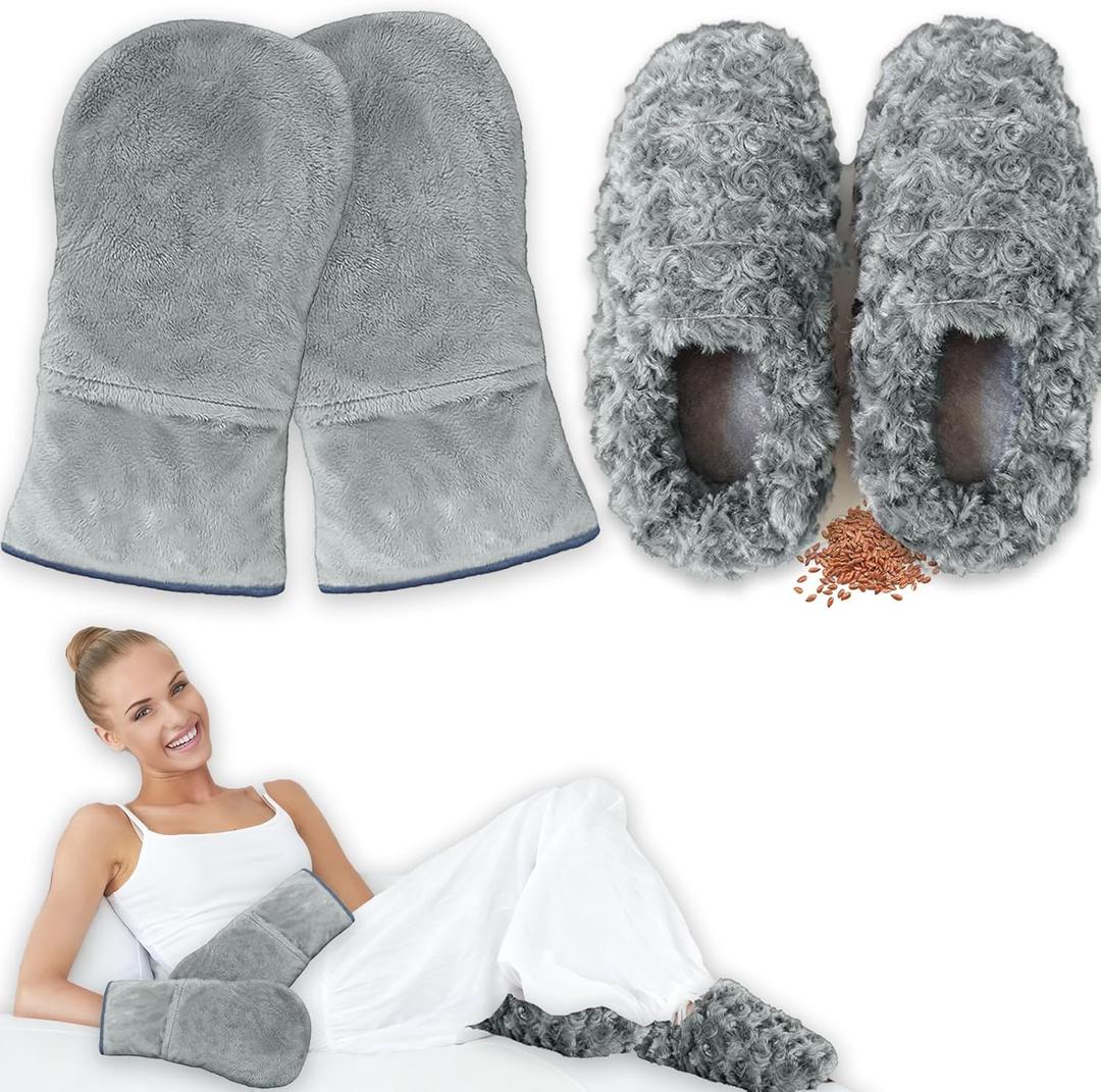 Microwavable Hand Warmers Gloves & Microwavable Slippers Set, Moist Heat Therapy for Hand & Foot,Microwave Heating Gloves & Microwave Feet Warmers for Bed, Washable Covers, Grey, L