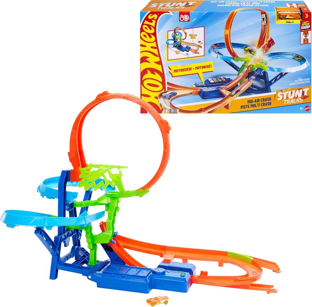 Hot Wheels Toy Car Track Set, Stunt Track Mid-Air Crash with 1:64 Scale Die-Cast Toy Car, Motorized Booster for Non-Stop Stunting & Racing, Large