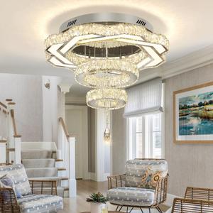 Flashing God Modern Crystal Chandeliers Dia 24" Silver Chandelier Flush Mount Ceiling Light for Bedroom Living Room Dining Room Hallway Dimmable 3 Rings LED Celing Lighting Fixtures