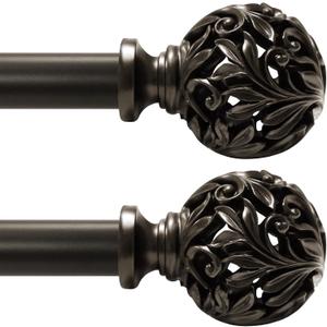 2Pack Bronze Curtain Rods 36 to 120 inch (3-10ft), 1 Inch Diameter Adjustable Heavy Duty Decorative Curtain Rods with Decorative Openwork Carved finials for Living Room Bedroom Windows