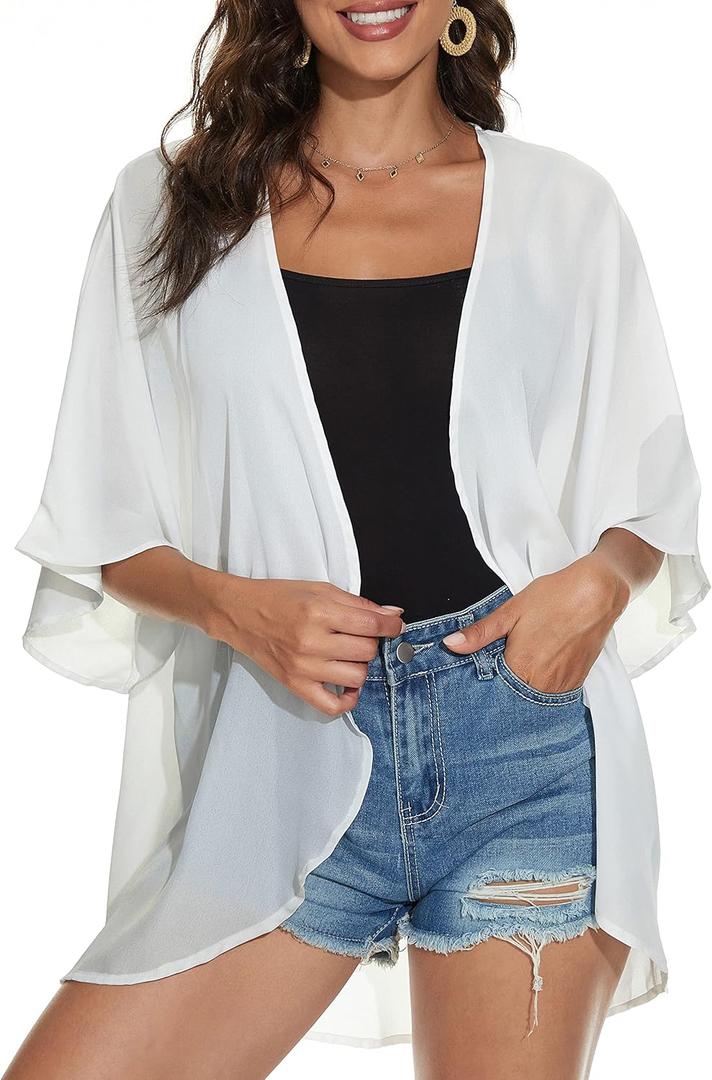 Women's Floral Print Puff Sleeve Kimono Cardigan Loose Cover Up Casual Blouse Tops (White,Small)