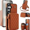 Asuwish Phone Case for Samsung Galaxy S25 5G Wallet Cell Cover with Tempered Glass Screen Protector Wrist Crossbody Strap RFID Blocking Credit Card Holder S 25 25S 25 25S SM-S931U Women Girls Brown
