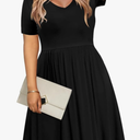 DB MOON Women Plus Size Dresses 2025 Summer Casual V Neck Short Sleeve Knee Length Dress with Pockets (L, Black)