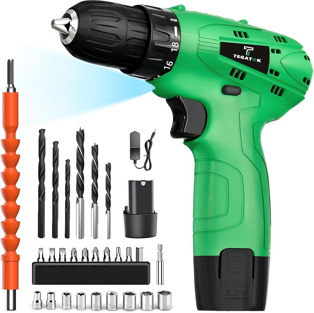 Tegatok Cordless Drill Set,12V Power Drill Set with Battery and Charger, Electric Driver Drills Bits, 3/8'' Keyless Chuck,18+1 Torque Setting with LED Electric Drills Set