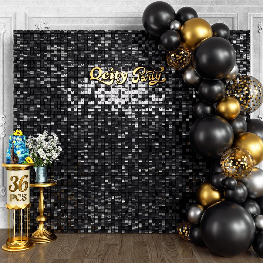 Qcity Black Shimmer Wall Backdrop 36PCS, Black Back Not See-Through Design, Square Sequin Glitter Backdrop Panel, Perfect for Outdoor Events, Birthdays, Wedding and Party Decoration
