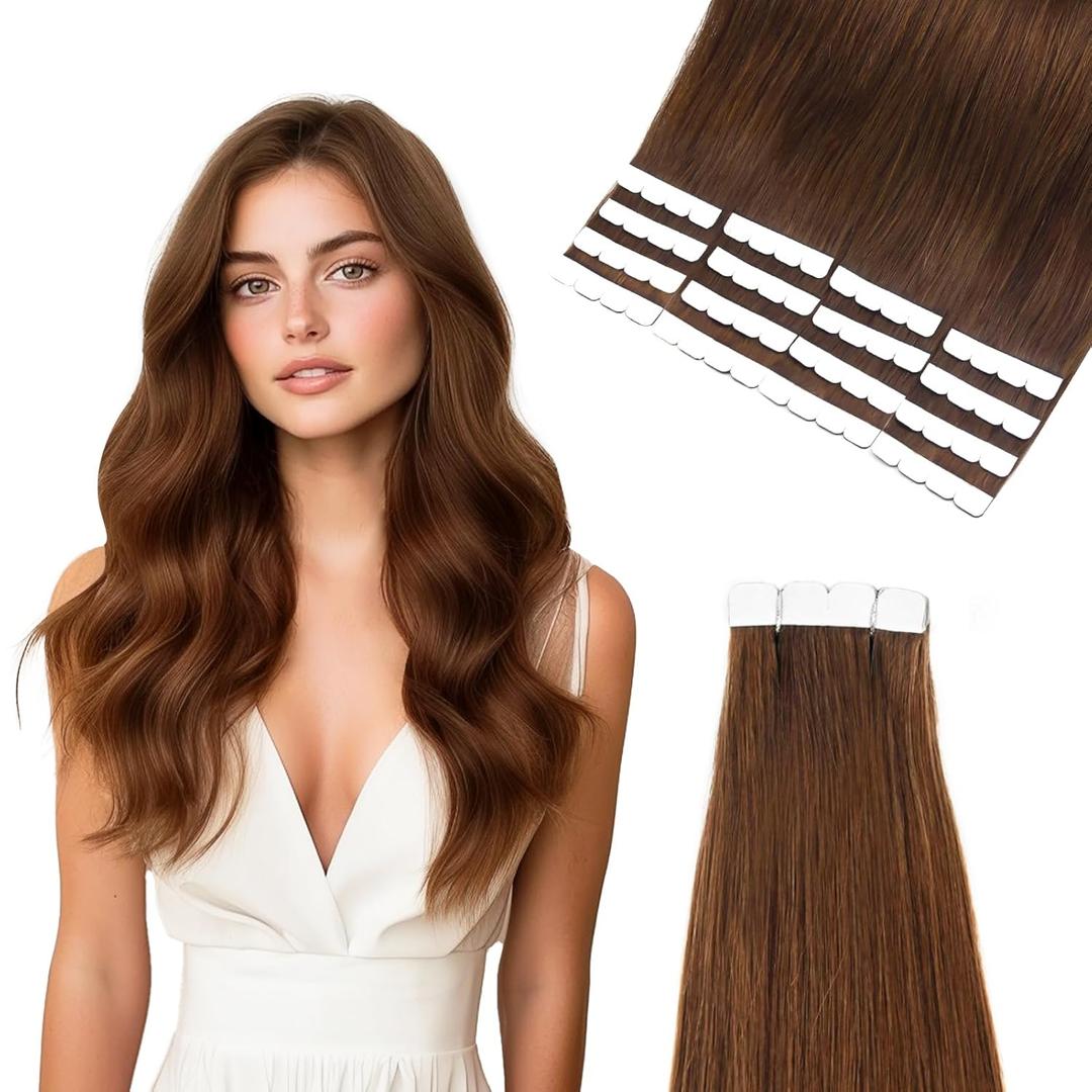 Vlasy Tape in Hair Extensions Human Hair 16 Inch 16pcs Invisible Tape in Extensions Remy Human Hair Straight Seamless Mini Tape ins Hair Extensions Real Human Hair (6# Brown)