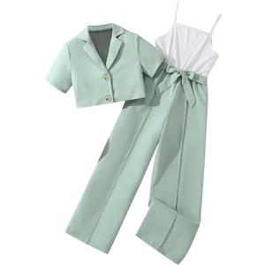 Hilinker Girl's 2 Piece Outfits Short Sleeve Blazer Belted Wide Leg Sleeveless Jumpsuit Sets Green White 11-12 Year