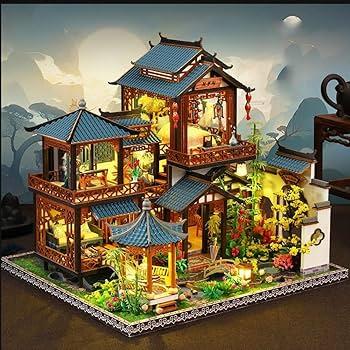 3D Wooden Assembled Dollhouse Kit DIY Miniature Chinese Style Courtyard Scene Building with Music Creativity Halloween Birthday Gift (Without Dust Cover)