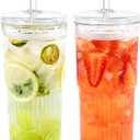 Puraville 20oz Glass Cups with Lids and Straws, 2 Pack High Borosilicate Iced Coffee Cups Drinking Glasses Tumbler for Smoothie, Water, Tea, Juice Drinks, Clear