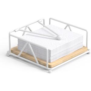 Napkin Holder for Table, Farmhouse Napkins Holder with Weighted Arm, Wood Napkin Holders for Paper Napkins, Wood Paper Towel Holder for Countertop, Dining Room, Rustic (White)