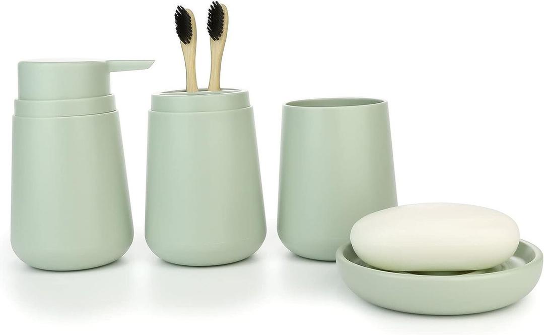 Modern Bathroom Accessories Set, 4-Piece Storage Collection with Soap Dispenser, Toothbrush Holder, Pink (Green)