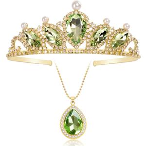 Princess Tiana Set Crown and Necklace Princess Tiana Birthday Outfit Halloween Party Fancy Green Crystal Tiara