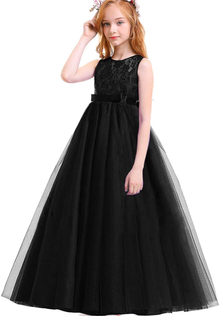 Big Girl Vintage Lace Junior Bridesmaid Dress Dance Ball Pageant Maxi Gown Floor Long for Party Wedding 13-14 years
