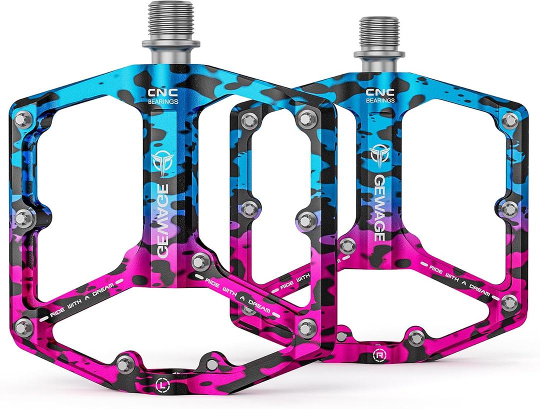 Road/Mountain Bike Pedals - 3 Bearings Bicycle Pedals - 9/16 CNC Machined Flat Pedals with Removable Anti-Skid Nails