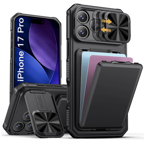 SSLOTSCASE for iPhone 17 Pro Case with Card Holder & Kickstand & Slide Camera Lens Cover & Camera Stand & Wallet, MilitaryGrade Heavy Duty Rugged Phone Case Cover for iPhone 17 Pro 6.3'' 2025, Black