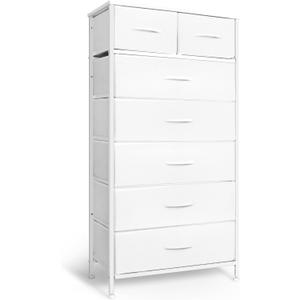 Mifuro Tall Dresser for Bedroom, Vertical Storage Organizer Tower with 7 Drawers, Chest of Drawers with Fabric Bins, Steel Frame, Wood Top for Bedroom, Closet, Entryway- White