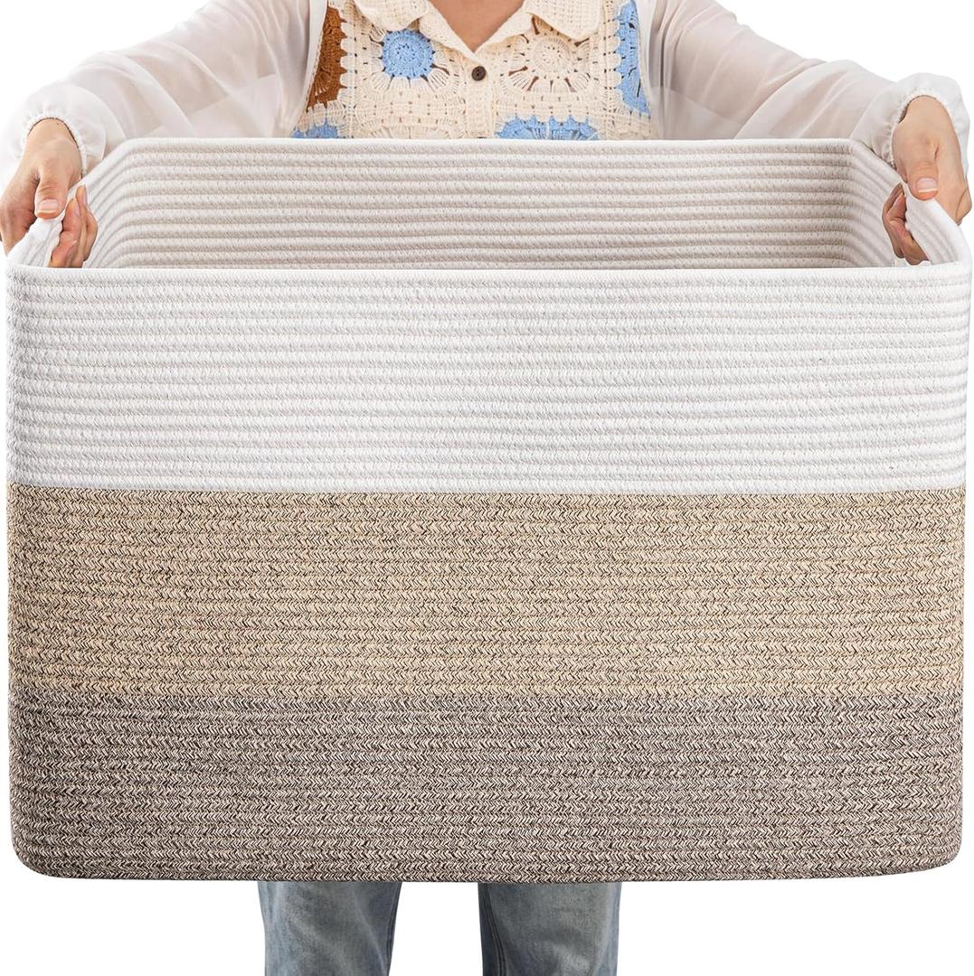OIAHOMY 108L Large Cotton Rope Basket, Rectangle Woven Baskets for Storage, Nursery Blanket Storage Living Room, Toy Basket With Handle-25x16x16-Gradient Yellow