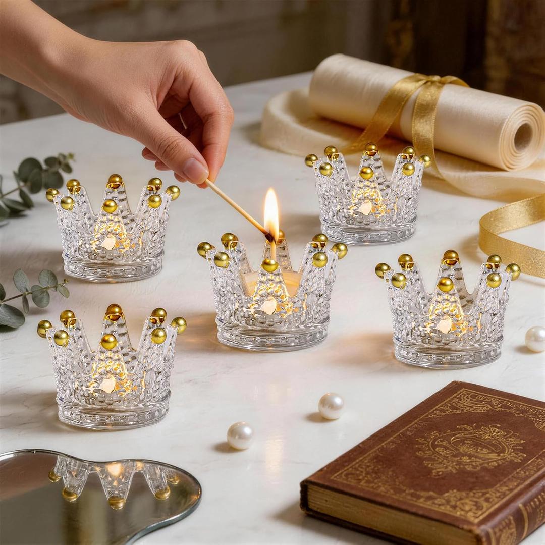 Rubtlamp 6 Pack Clear Gold Crown Glass Candle Holder, Clear Votive Candle Holders with Gold Tips, Tealight Candles Holders for Table Centerpieces, Wedding, Birthday